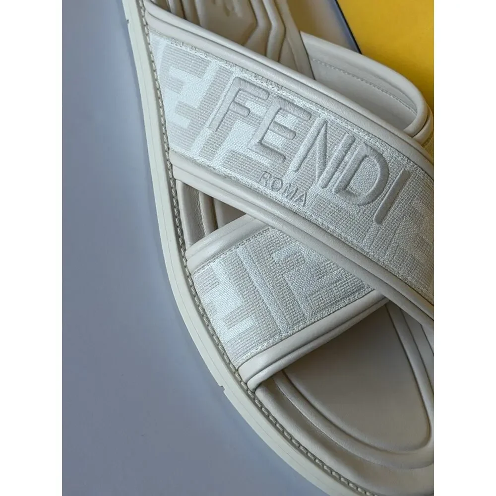 Fendi Men's FF Leather/Fabric Ivory Slide Sandals 8 US/7 UK IT 7X1548 NIB $730